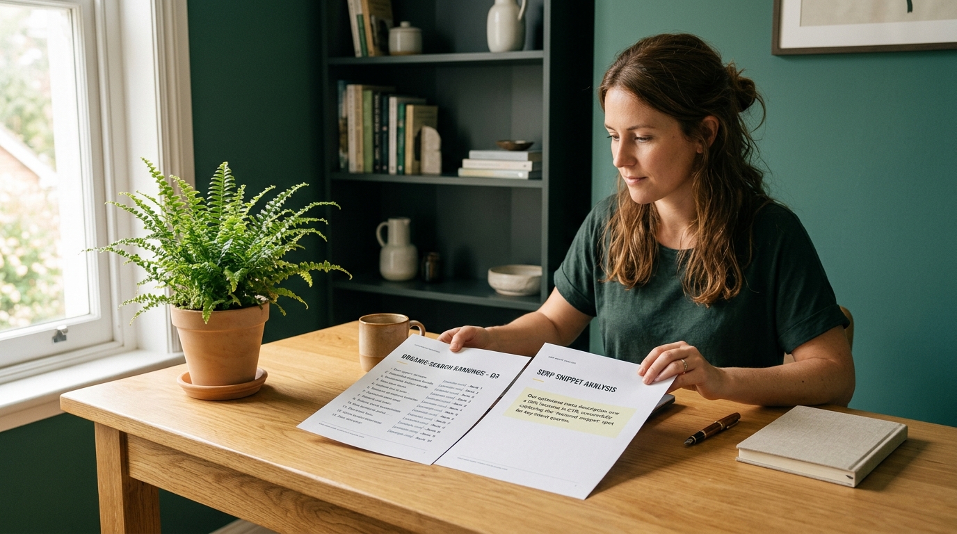 a marketing lead at a sunlit wooden desk reviewing two printed reports side by side, one showing a ranked list of search results and the other a short highlighted response box, with a potted fern nearby