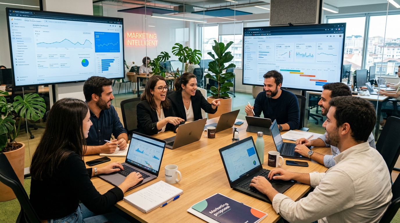 Fotografia de uma equipa de marketing a trabalhar em torno de uma mesa com computadores e ecrãs mostrando gráficos e análises digitais, em ambiente de escritório moderno