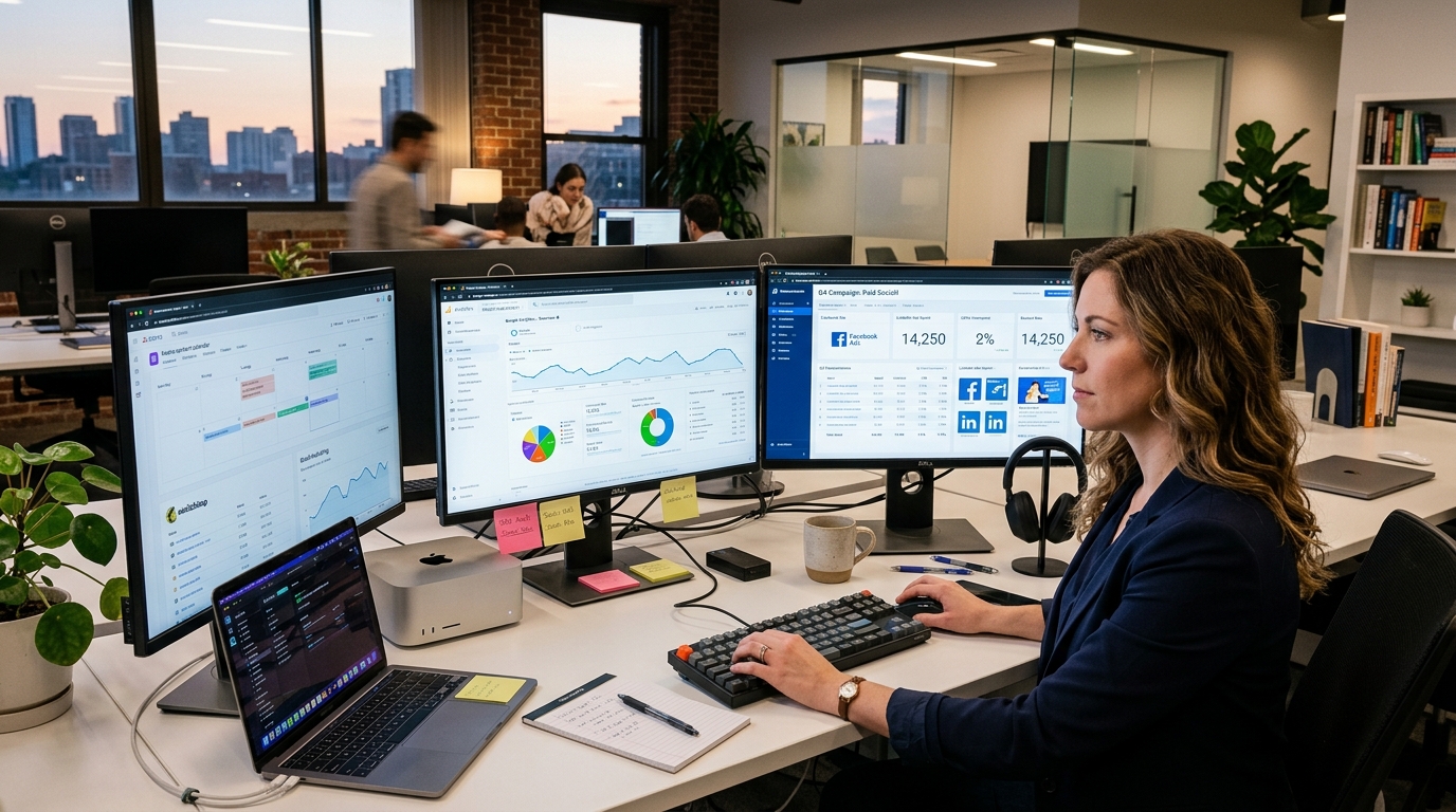 Fotografia de um espaço de trabalho criativo com múltiplos ecrãs a mostrar dashboards de marketing digital, campanhas e análise de dados, ambiente moderno e profissional