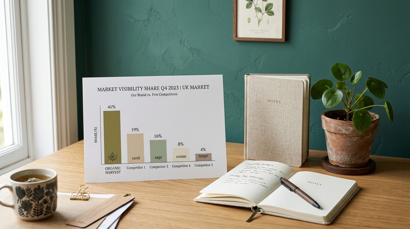 A calm desk scene with a printed bar chart comparing one brand's visibility share against five competitors, beside a notebook and a potted green plant in soft natural light