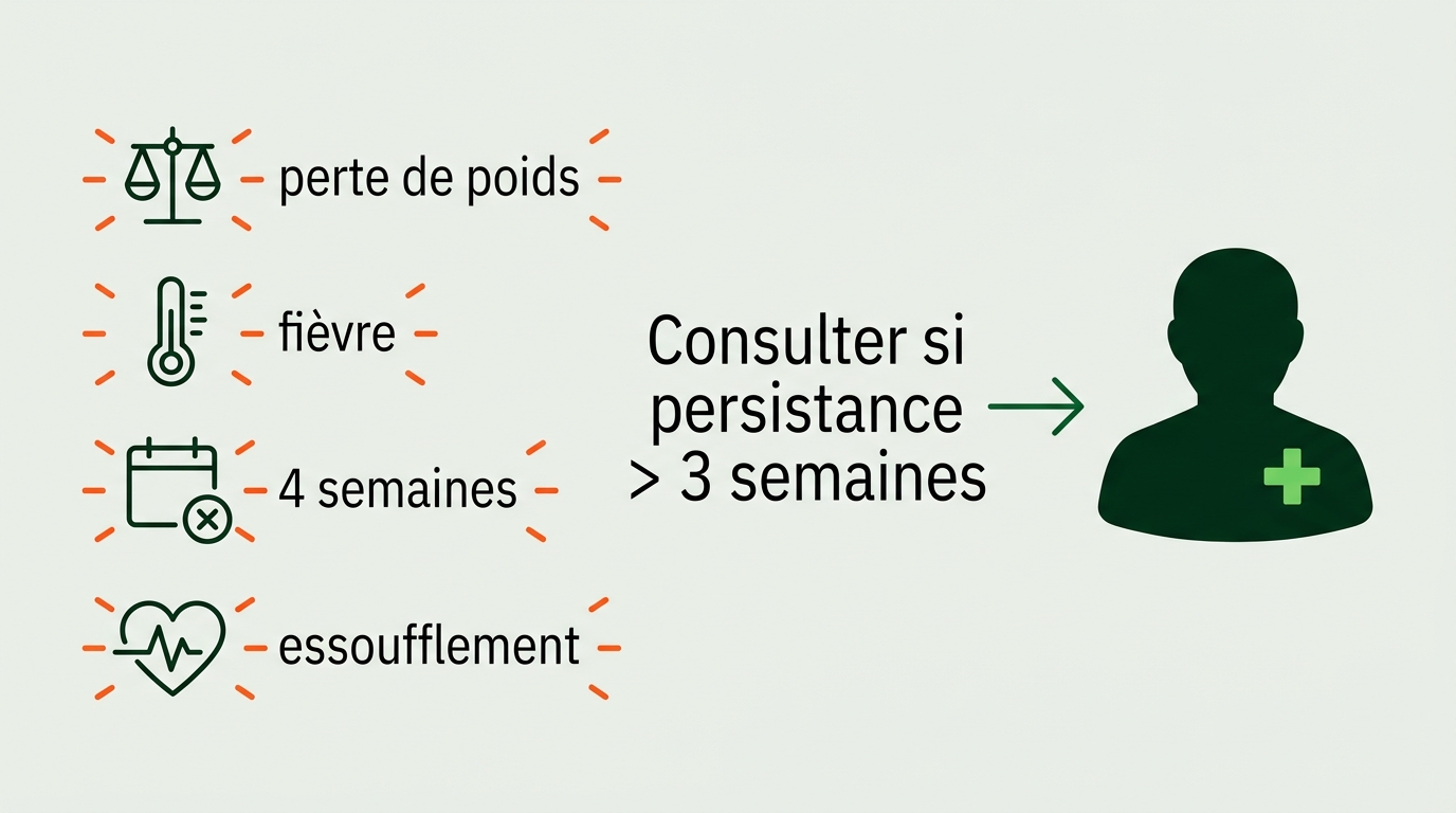 Illustration scientifique horizontale sur fond #EBEFE8. À gauche : liste schématique de 4 icônes minimalistes représentant des signaux d'alarme (balance pour perte de poids, thermomètre pour fièvre, calendrier avec croix pour 4 semaines, cœur avec ligne pour essoufflement) avec des tirets en #FE581B. À droite : silhouette stylisée d'un médecin avec une croix médicale (#76DB5D), reliée par une flèche simple (#002B14) aux signaux. Label central : Consulter si persistance > 3 semaines. IBM Plex Sans Condensed, très épuré.