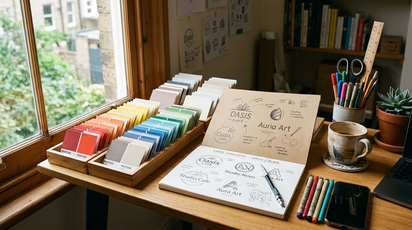 Fotografia de uma secretária de designer com cartões de paleta cromática organizados por família de cores, caderno de esboços com logotipos e canetas coloridas, luz natural de janela lateral