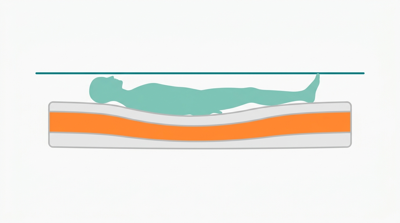 Flat vector side-view diagram showing a mattress rectangle with a clearly visible central depression or sag zone filled in #FF8A30 to indicate structural deformation. A faceless genderless silhouette in #78C2B2 lies in the center of the mattress, body visibly sinking into the depression. A thin straight reference line in #008282 runs horizontally above the mattress to contrast the ideal flat surface with the actual sagging. Background #F9F9F9, generous whitespace, no bedroom elements, no text.