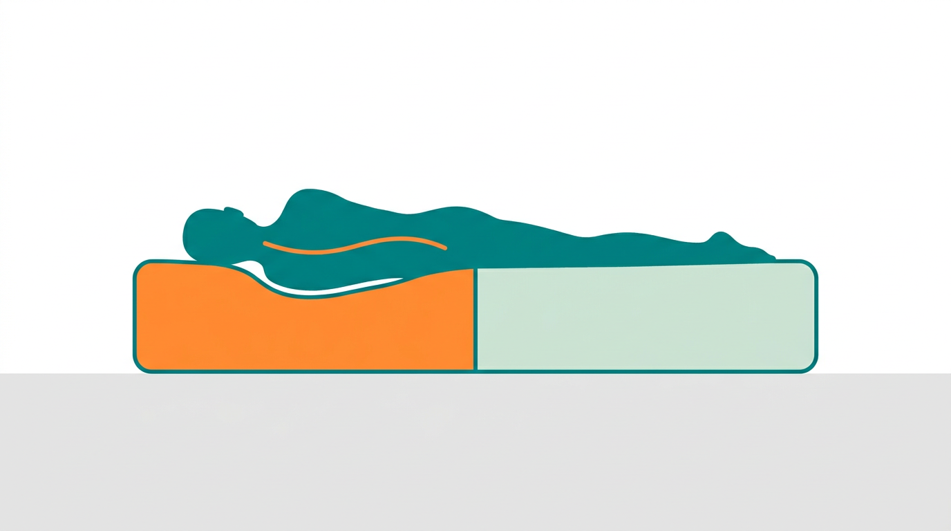 Flat vector diagram showing a single wide mattress in side-view with two distinct zones marked. Left zone shows a visible concave depression in the surface filled with #FF8A30 to indicate wear and pressure damage. Right zone shows a flat even surface filled with #CCE3D4 to indicate good condition. A flat #008282 silhouette figure lies on the left zone with spine shown as a curved line in #FF8A30. Generous whitespace, orthographic side view, clean outlines in #008282.