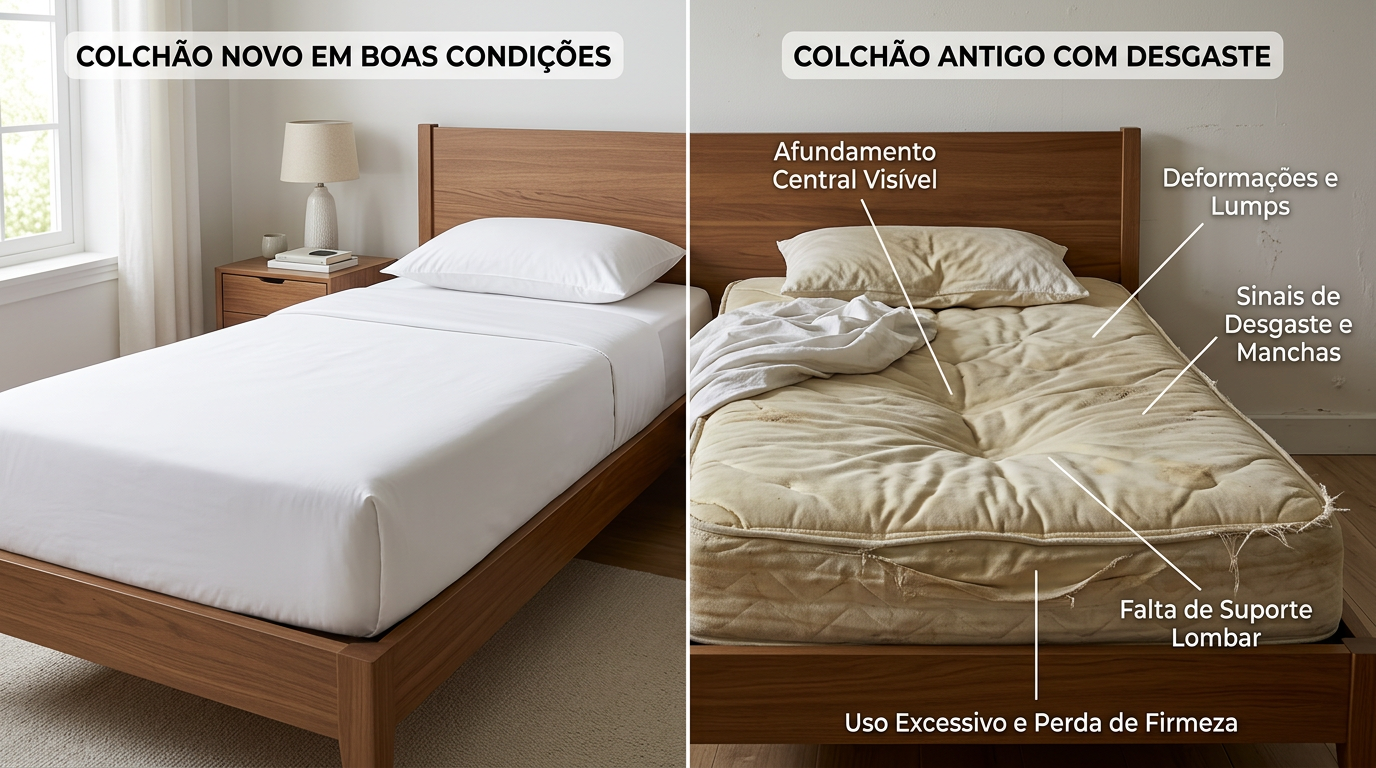 Imagem comparativa lado a lado de um colchão novo em boas condições e outro com deformações visíveis, afundamentos e sinais de desgaste, com legendas indicativas dos problemas
