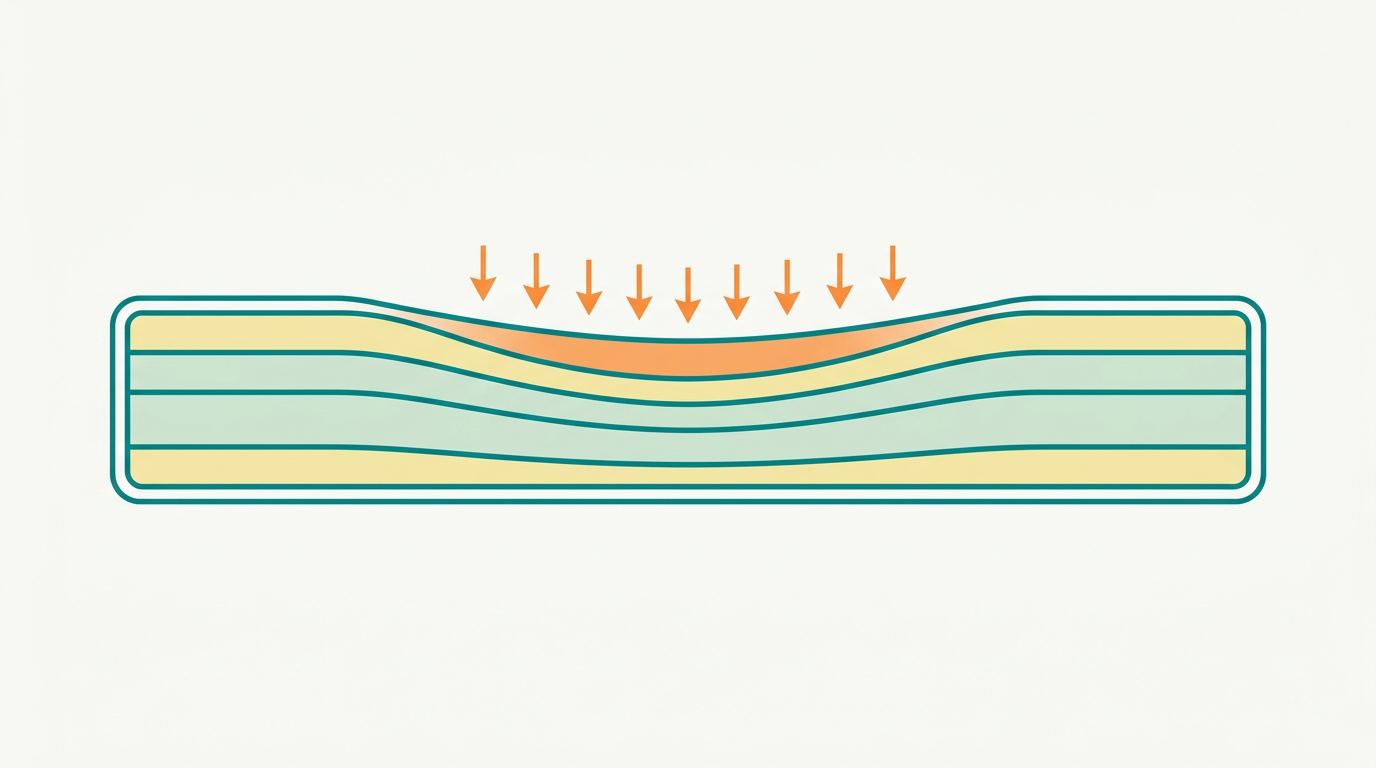 Flat vector side-view diagram of a mattress (6:1 ratio) on off-white (#F9F9F9) background. The mattress outline is in #008282 but the top surface shows a visible dip/sag in the center (a shallow concave curve), indicating structural deformation. The sag zone is filled with a subtle #FF8A30 color to indicate the problem area. The mattress layers beneath are outlined in #008282 and filled alternately in #F2E8B8 and #CCE3D4. Small downward arrows in #FF8A30 above the sag indicate pressure concentration. Generous whitespace, orthographic side view, no text.