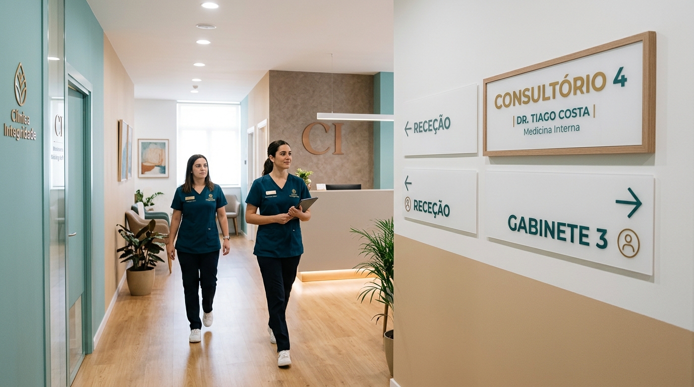 Fotografia de um corredor de clínica moderna com sinalética interna elegante, placa com nome da sala em tipografia profissional, paredes nas cores institucionais da marca e uniformes da equipa alinhados com a identidade visual