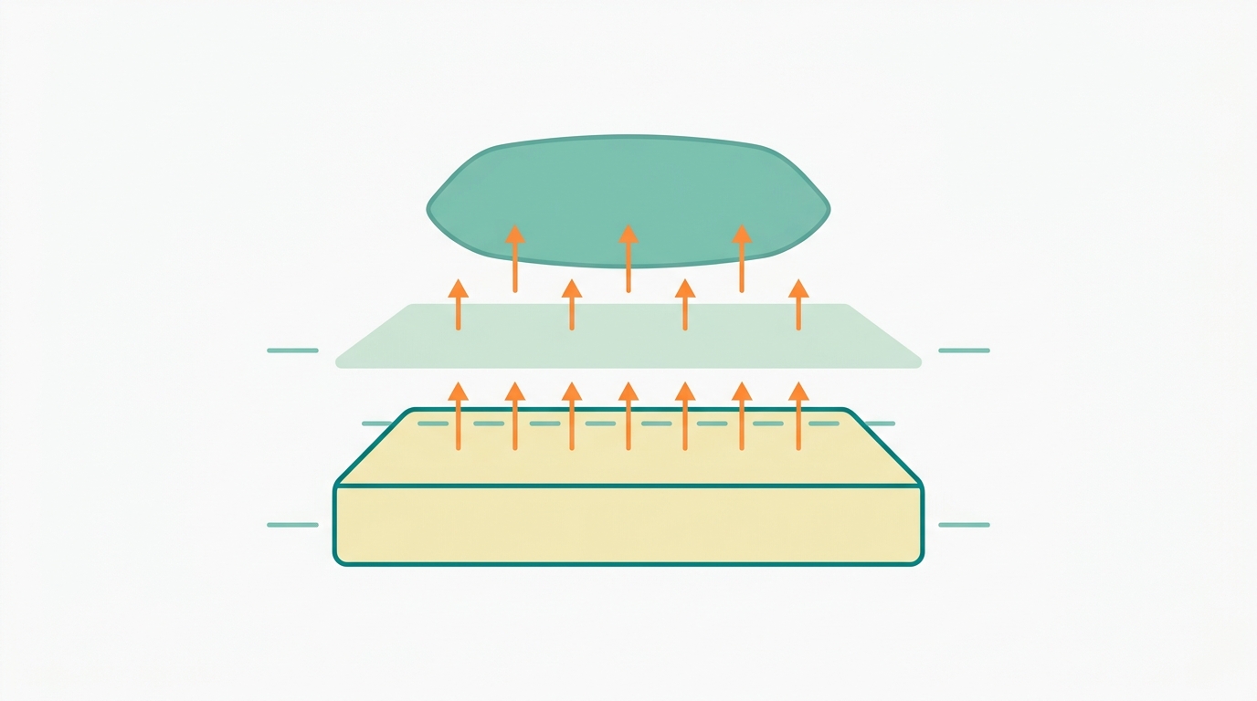 Flat vector exploded-view diagram showing a mattress, a thin mattress protector layer, and a pillow, all separated vertically with small gap lines in #78C2B2. Each layer is shown as a clean flat rectangle: mattress in #008282 outline with #F2E8B8 fill, protector as a thin layer in #CCE3D4, pillow as a rounded rectangle in #78C2B2 fill. Small upward arrows in #FF8A30 rise from the mattress surface suggesting heat flow through layers. Background #F9F9F9. No text. 16:9 landscape, flat vector Scandinavian style, centered, generous whitespace.