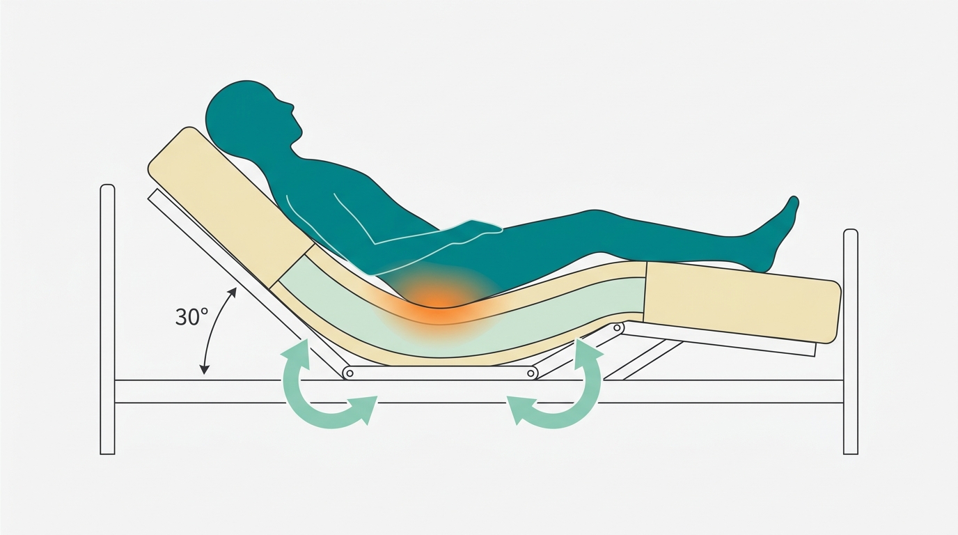 Diagrama lateral de uma cama articulada com três secções visíveis: cabeceira elevada a 30°, secção central horizontal, e pés ligeiramente elevados. Silhueta humana faceless em #008282 em posição de semi-sentado. Colchão representado em #F2E8B8 com camadas internas em #CCE3D4. Setas em #78C2B2 indicando pontos de articulação. Zona de pressão reduzida sobre sacro representada em gradiente suave de #FF8A30 para #CCE3D4. Fundo #F9F9F9, composição clara e técnica.