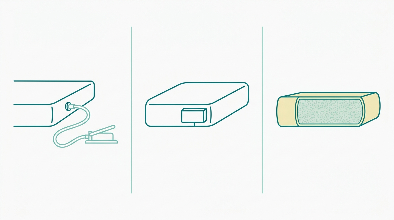 Flat vector editorial diagram showing three inflatable mattress inflation system types in a horizontal comparison layout. Left panel: manual foot pump connected to mattress valve via hose, in #78C2B2 lines on #F9F9F9 background. Center panel: mattress with integrated built-in electric pump shown as a small rectangular protrusion on the mattress side, outlined in #008282. Right panel: self-inflating mattress cross-section showing open-cell foam layer in #CCE3D4 inside mattress shell in #F2E8B8. All three mattresses outlined in #008282, panels separated by thin #78C2B2 vertical lines. Orthographic side-view composition, no text, no labels, generous whitespace.