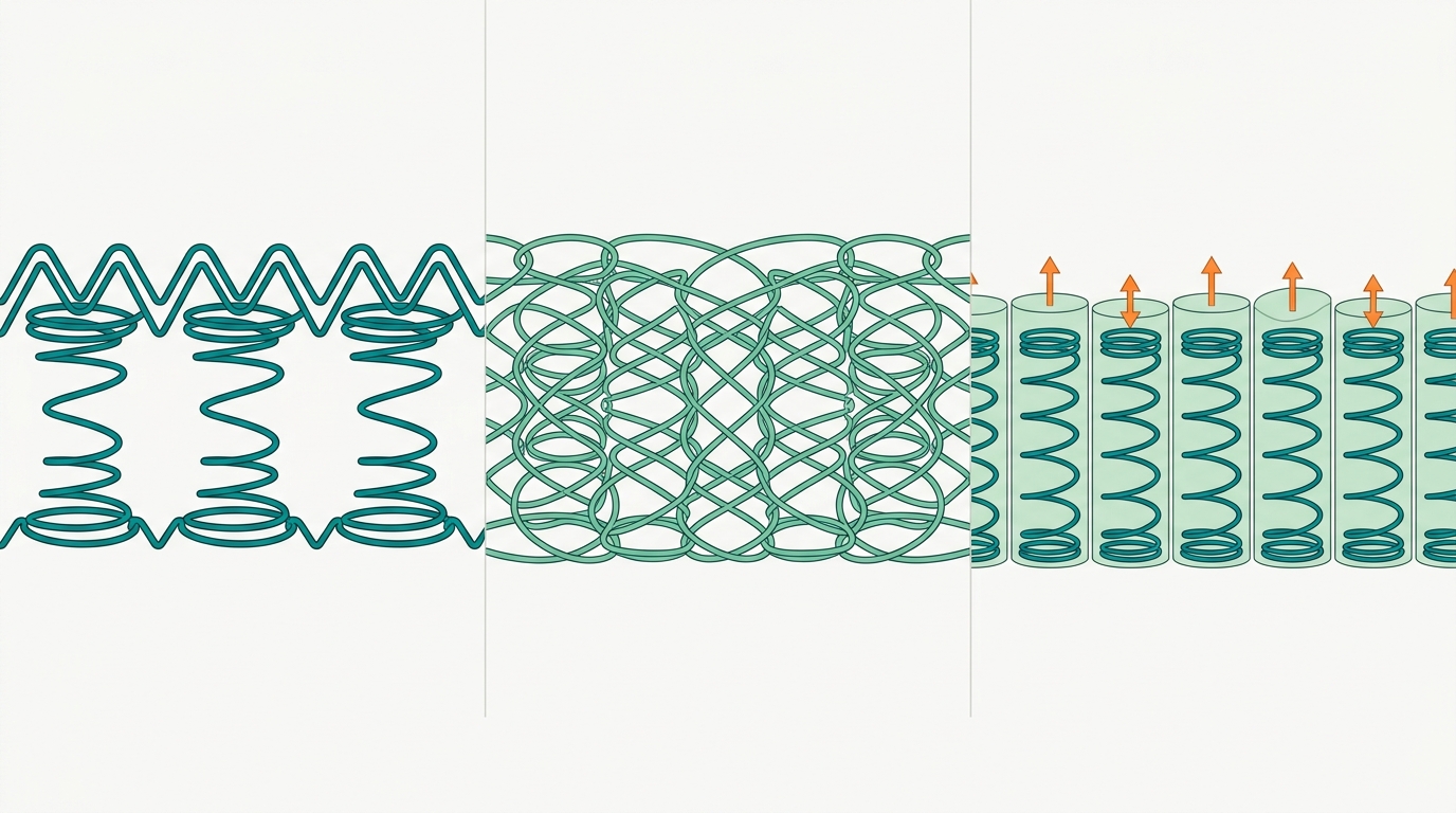 Diagrama horizontal em três painéis lado a lado, cada painel mostrando um tipo de mola em corte lateral. Painel esquerdo: molas bonnel interligadas em #008282, estrutura em zig-zag contínuo. Painel central: molas contínuas em #78C2B2 formando estrutura entrelaçada. Painel direito: molas ensacadas individualmente em #008282, cada mola envoluta num cilindro separado em #CCE3D4, com pequenas setas a indicar movimento independente em #FF8A30. Fundo #F9F9F9, composição em paisagem 16:9, sem texto, sem gradientes.