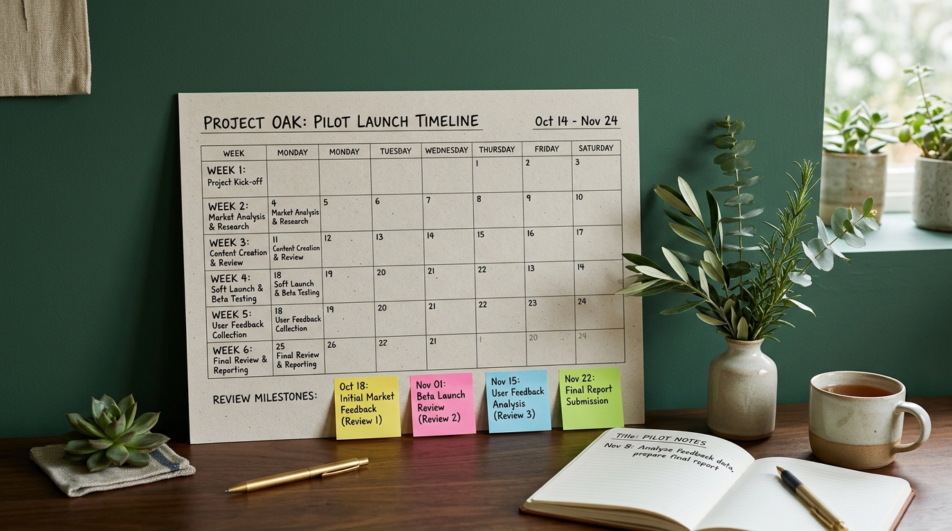 A calm workspace with a paper calendar showing a six-week pilot timeline, sticky notes for review milestones, and a sprig of greenery beside a notebook