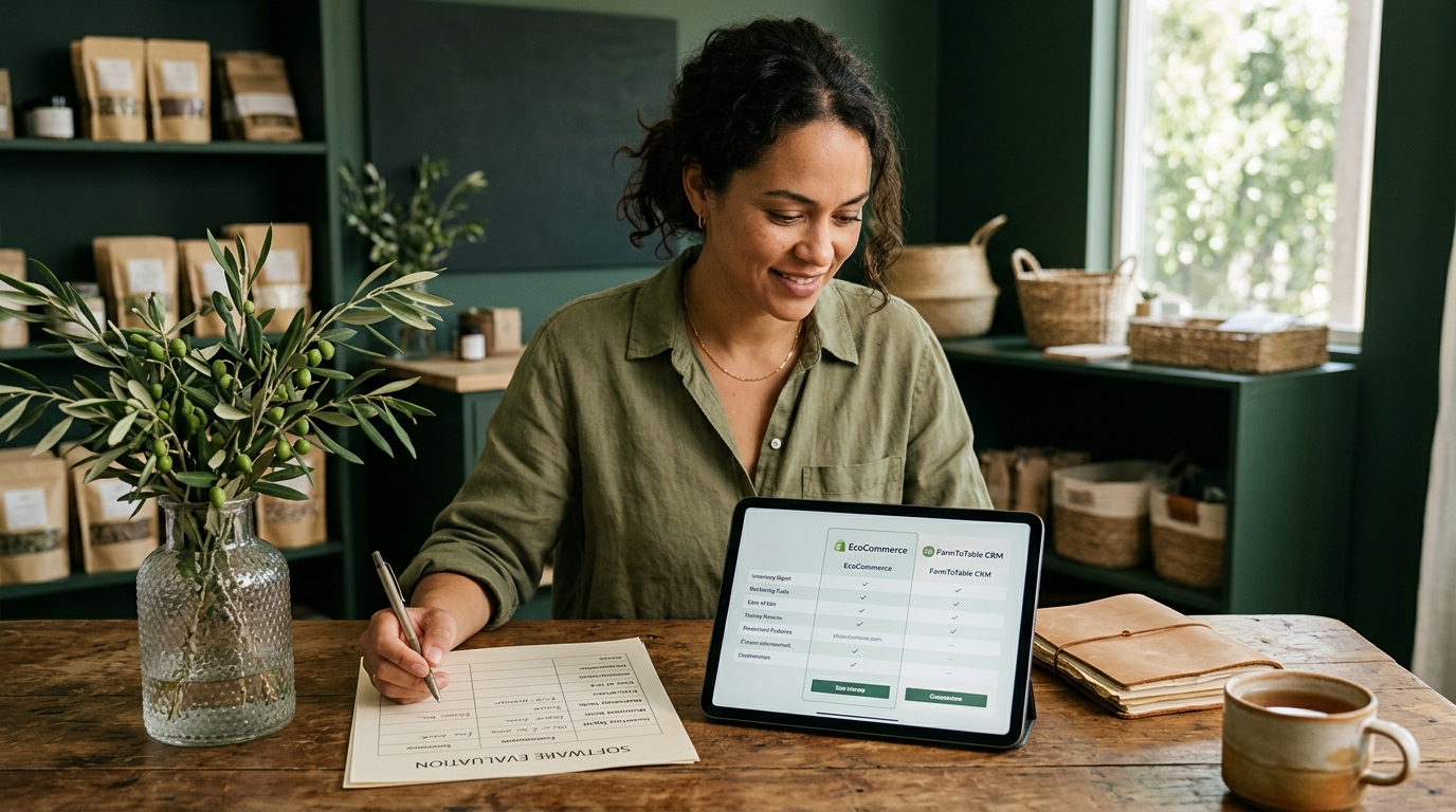 A small business owner at a rustic table comparing two software options on a tablet next to a printed scorecard, with olive branches in a vase