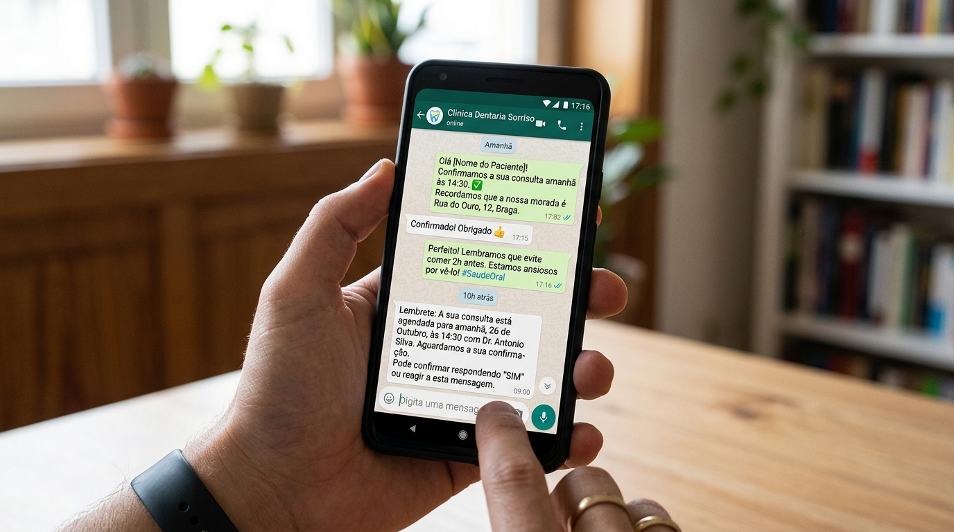 Mão a segurar um smartphone com ecrã a mostrar uma conversa de WhatsApp entre uma clínica dentária e um paciente, com mensagens de confirmação de consulta e lembretes