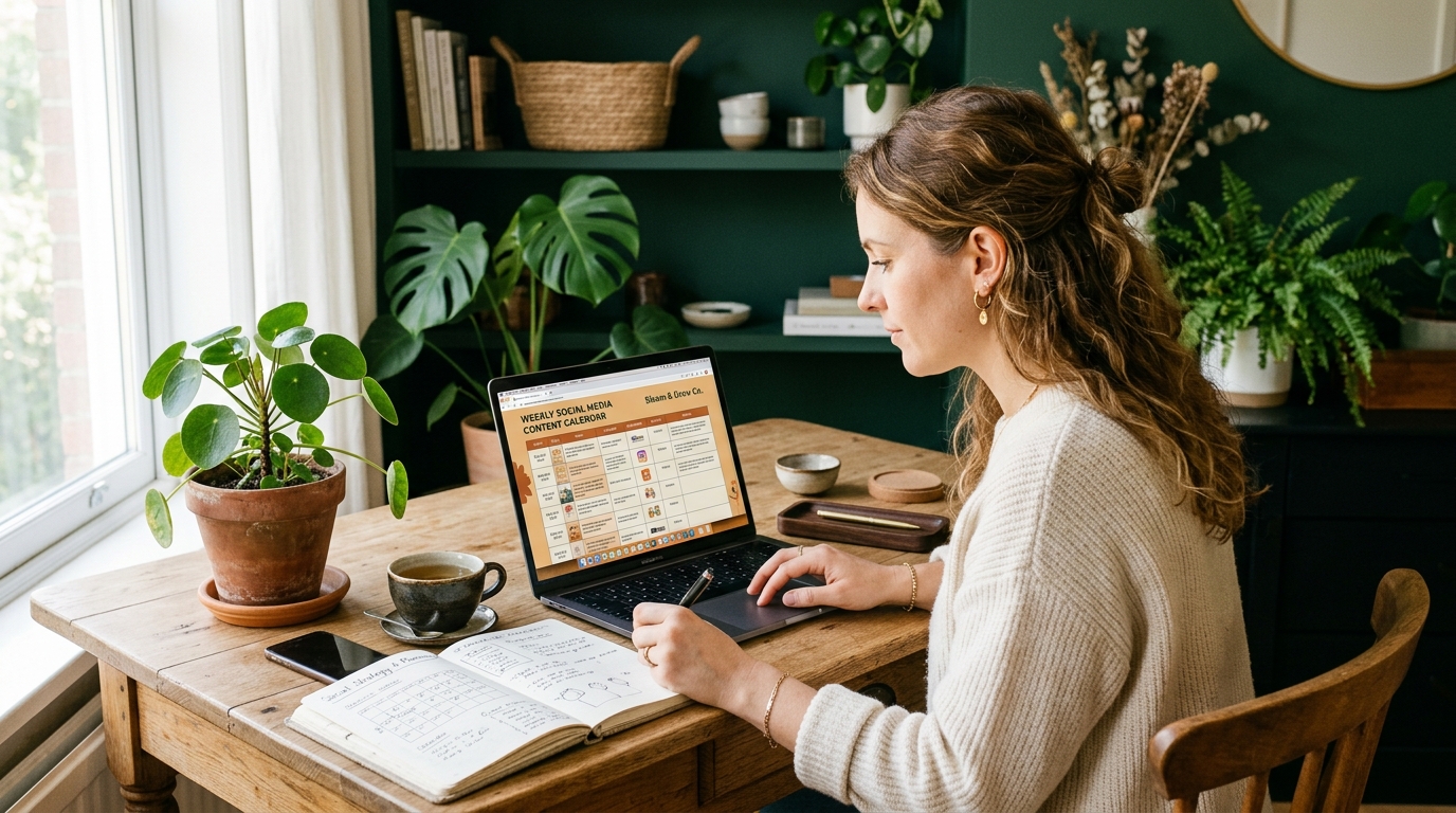 A marketer at a sunlit wooden desk reviewing a weekly social media content calendar on a laptop, with a notebook, a potted plant, and a cup of tea nearby