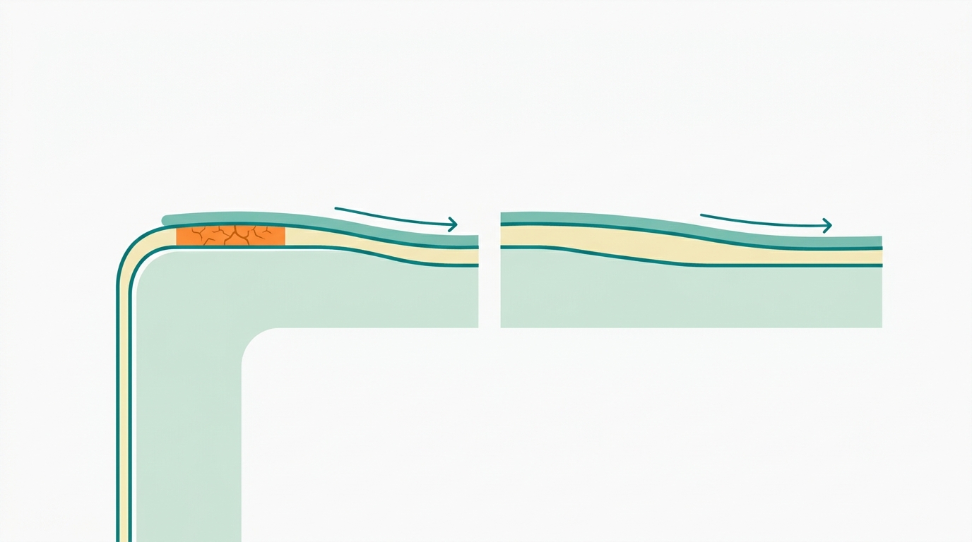 Flat editorial cross-section diagram in landscape 16:9 showing a simplified sofa armrest edge in side view. The couro surface is represented as a thin top layer in #F2E8B8 outlined in #008282. Below, a thicker structural layer in #CCE3D4. A silhouette cloth in #78C2B2 moves along the top surface from left to right. A small #FF8A30 zone on the left represents a dried, cracked area. The right side shows the same zone cleaned and smooth. Background #F9F9F9 with ample whitespace. No labels or text.