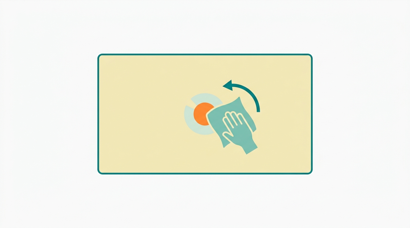 Flat editorial diagram showing a top-down view of a sofa seat cushion in landscape 16:9 format. The cushion is drawn as a simple rectangle filled in #F2E8B8 with outline in #008282. A small circular zone in #FF8A30 represents a stain. Next to it, a simplified cloth silhouette in #78C2B2 applies cleaning motion indicated by a curved arrow. Small #CCE3D4 zones around the stain show the cleaned area expanding. Background #F9F9F9, generous whitespace, no text or labels.