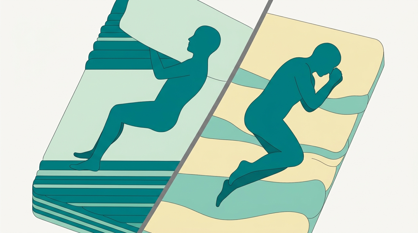 Ilustração editorial a mostrar duas metades de uma cama vista de cima: metade esquerda com colchão de firmeza representada por camadas mais densas em #008282 e #CCE3D4, metade direita com camadas mais suaves em #F2E8B8 e #78C2B2. Uma linha central subtil em #7A7A7A divide as duas metades. Silhuetes de dois corpos em posições deitadas em cada metade, preenchidos em #008282. Fundo #F9F9F9, composição 16:9.