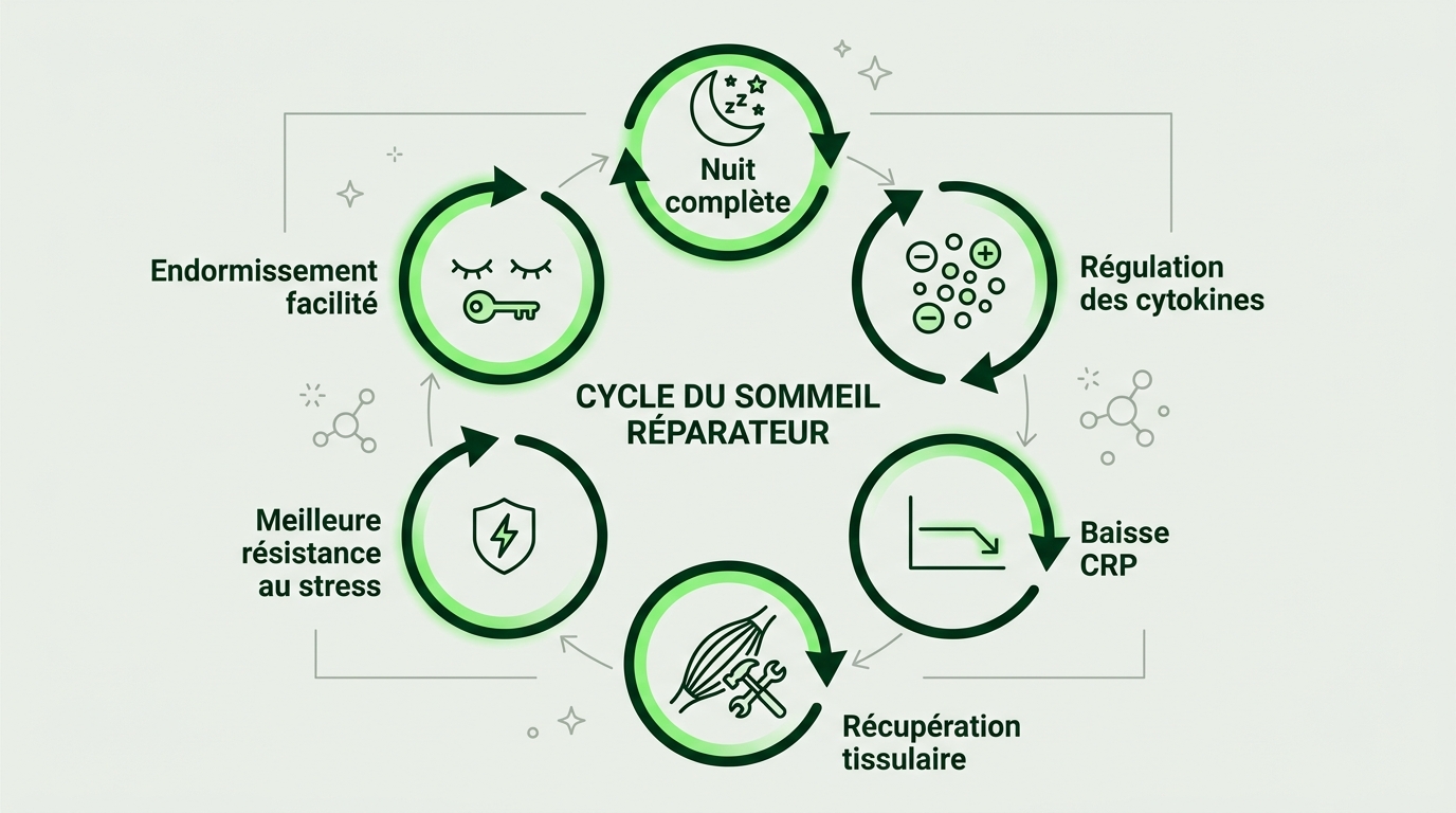 Diagramme circulaire scientifique en style flat vector représentant le cycle bénéfique du sommeil réparateur : nuit complète → régulation des cytokines → baisse CRP → récupération tissulaire → meilleure résistance au stress → endormissement facilité → nuit complète. Fond #EBEFE8, flèches circulaires continues en #002B14, accents en #76DB5D pour chaque étape positive, icônes minimalistes pour chaque phase, format carré ou légèrement paysage, très lisible