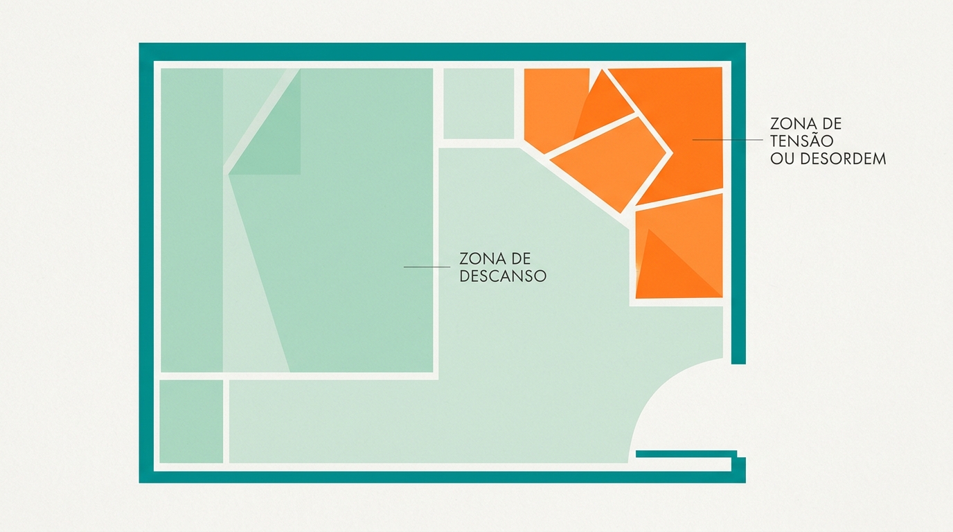 Diagrama flat editorial mostrando o contorno de um quarto visto de topo (planta baixa estilizada), com zonas de cor que indicam diferentes estados emocionais: zona de descanso em #CCE3D4, zona de tensão ou desordem em #FF8A30, e contorno geral em #008282. Composição minimalista sem mobiliário detalhado, apenas formas geométricas simples.
