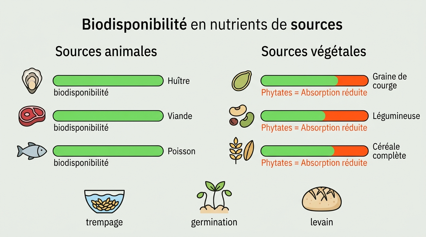 Infographie paysage sur fond #EBEFE8. Deux colonnes côte à côte : colonne gauche Sources animales avec des icônes stylisées (huître, viande, poisson) et des barres de biodisponibilité en #76DB5D très remplies. Colonne droite Sources végétales avec icônes (graine de courge, légumineuse, céréale complète) et barres de biodisponibilité partielles en #76DB5D avec une portion en #FE581B représentant phytates égal absorption réduite. En bas, 3 icônes gestes culinaires : trempage, germination, levain. Typographie IBM Plex Sans Condensed, labels ultra-courts, très peu de texte, style éditorial scientifique.