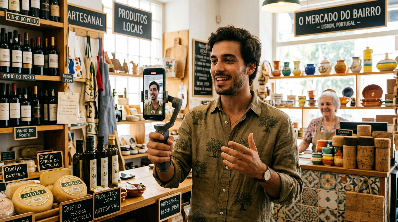Empreendedor português jovem a gravar um vídeo casual com o telemóvel numa loja local iluminada, com ar autêntico e descontraído, como se estivesse a contar uma história aos seus seguidores