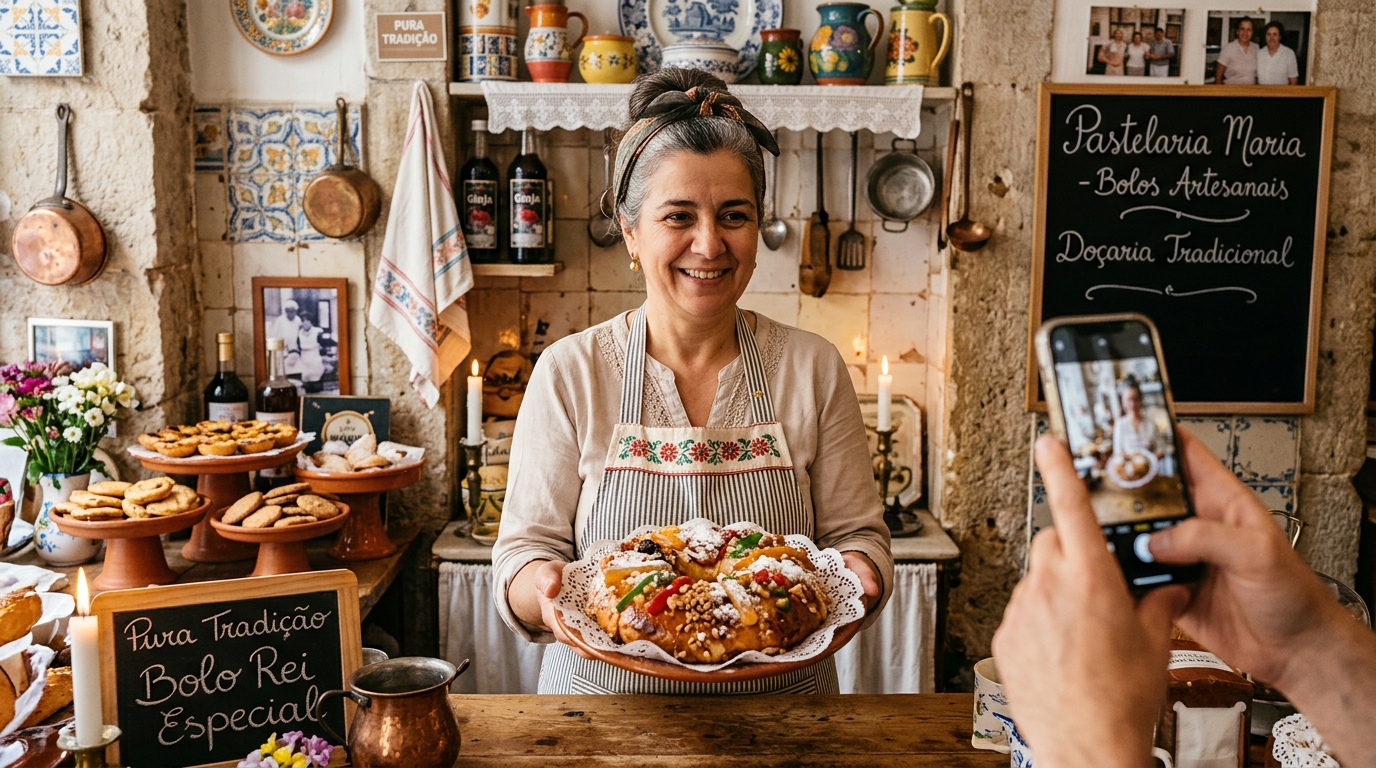 Proprietária de pequena pastelaria portuguesa a mostrar um bolo artesanal com orgulho para a câmara do telemóvel, rodeada por elementos de decoração tradicional, luz quente e ambiente acolhedor