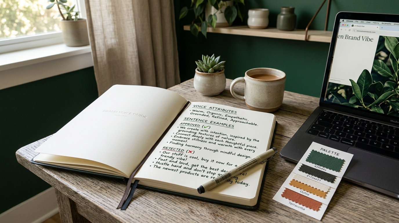 open notebook with voice attributes, approved and rejected sentence examples, and a colour swatch card beside a laptop in soft natural light
