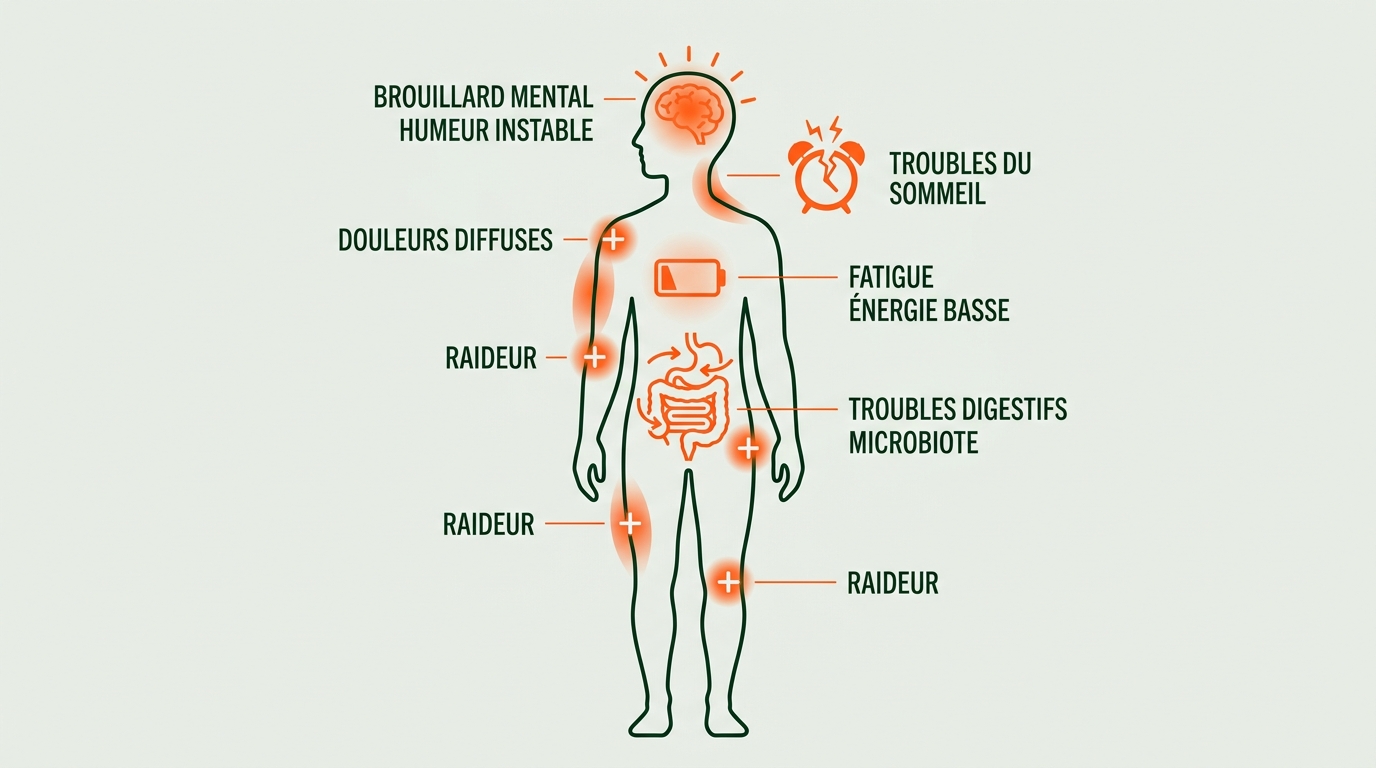Illustration scientifique en style flat vector représentant une silhouette humaine schématique (non réaliste) avec des zones d'annotation légères indiquant les principaux symptômes de l'inflammation chronique : tête (brouillard mental, humeur), poitrine (fatigue, énergie basse), abdomen (troubles digestifs, microbiote), articulations/muscles (douleurs diffuses), et une icône d'horloge brisée symbolisant les troubles du sommeil. Fond #EBEFE8, lignes #002B14, accents #FE581B pour les zones perturbées, typographie IBM Plex Sans Condensed pour les étiquettes très courtes. Composition horizontale, légère, claire, scientifique.