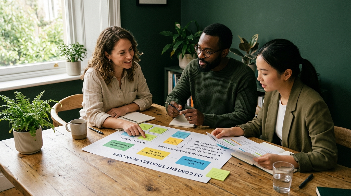 Three marketers around a wooden table reviewing a printed content plan with sticky notes marking audience segments and AI-supported tasks, soft natural light from a window