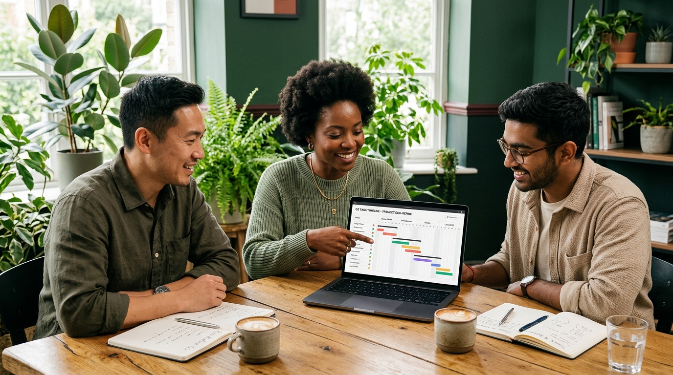 Three colleagues around a bright table reviewing a task timeline on a laptop screen, with notebooks, coffee and green plants in warm natural light