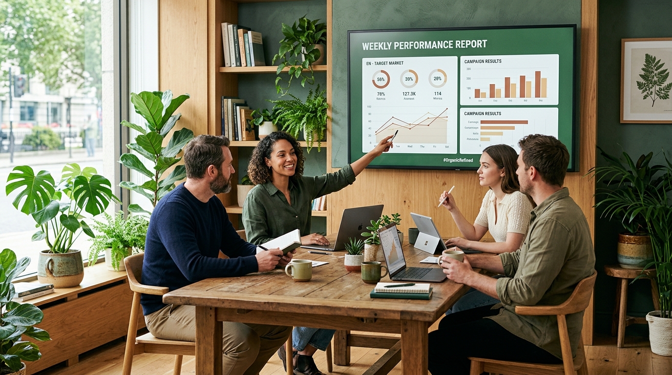 A small marketing team reviewing a weekly performance report on a large screen in a bright office with wooden furniture and green plants
