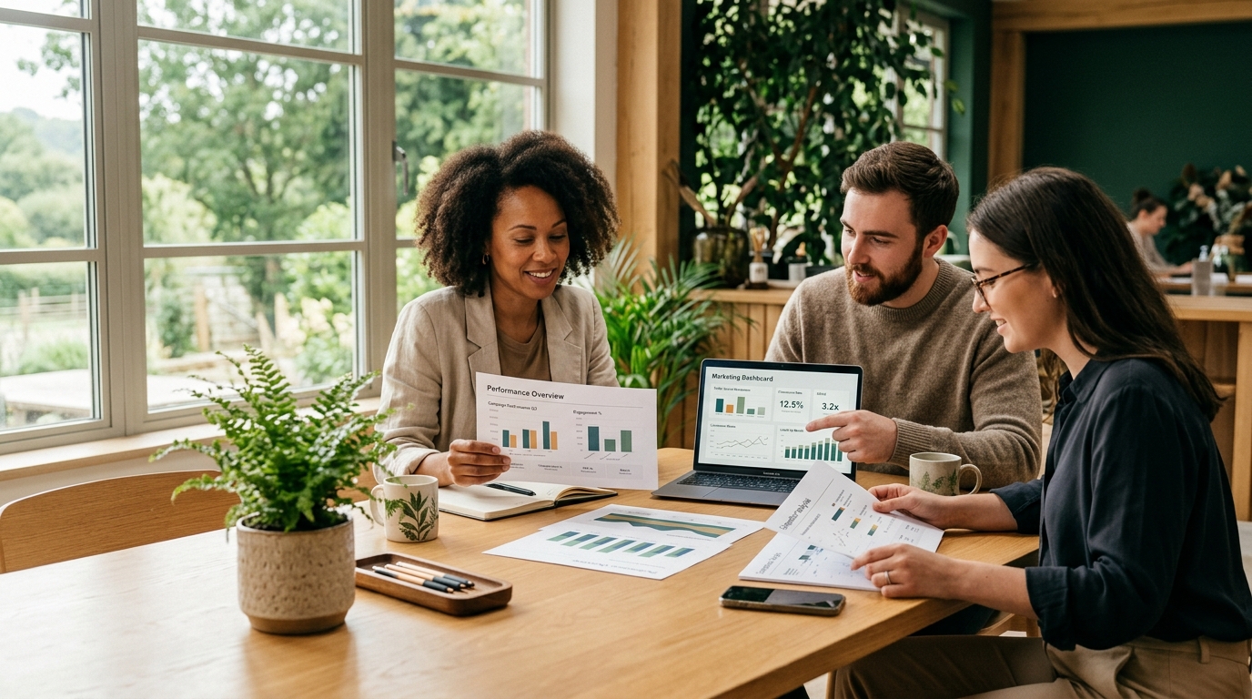 Marketing colleagues seated at a light wooden table reviewing printed performance charts and a laptop dashboard, with natural daylight and a small plant in the foreground