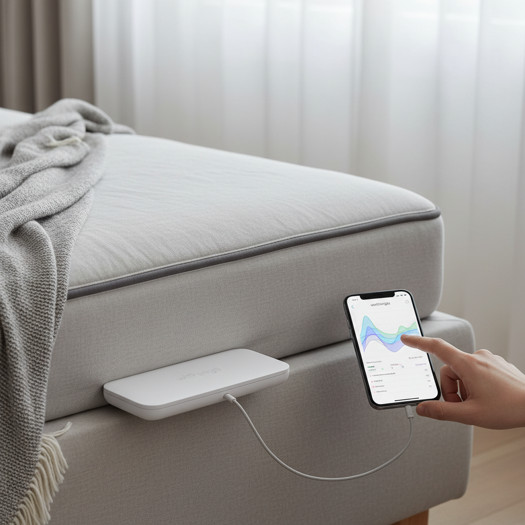 Un capteur de sommeil Withings placé sous un matelas, avec une visualisation des données de sommeil sur un smartphone à côté - Nous ne voulons pas d'images d'interfaces, mais plutôt d'un produit réel en situation
