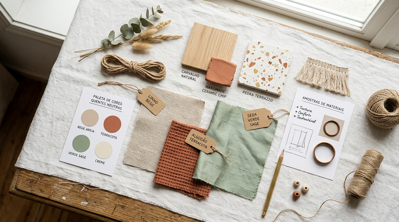 Fotografia de moodboard de design com amostras de materiais em tons neutros quentes como bege, terracota e verde sage, dispostos sobre fundo branco com cartões de paleta e fragmentos de tecido natural