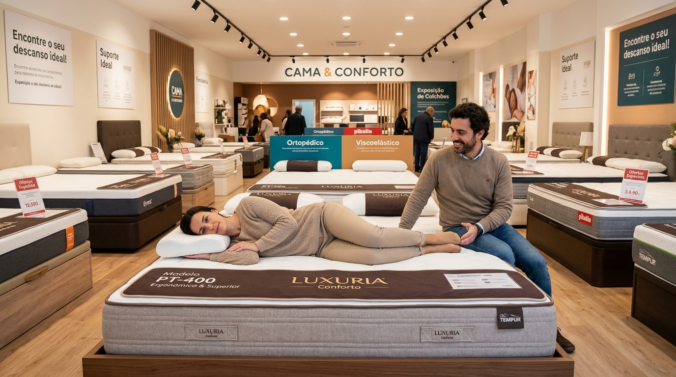 Casal a testar um colchão numa loja, com uma pessoa deitada de lado em posição de avaliação ergonómica, ambiente de loja bem iluminada com vários modelos em exposição