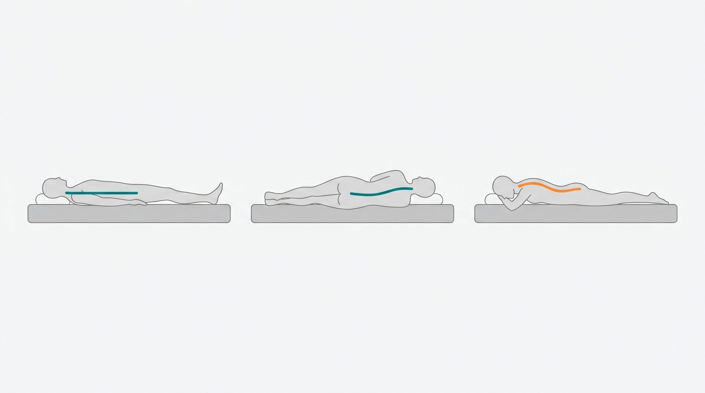 Flat vector diagram showing three faceless silhouettes in side view: one lying on their back, one on their side, one on their stomach, each on a thin mattress rectangle with a spinal alignment line in #008282 showing neutral position for back/side sleeper and slight misalignment warning in #FF8A30 for stomach sleeper. Background #F9F9F9, 16:9, generous whitespace, no text