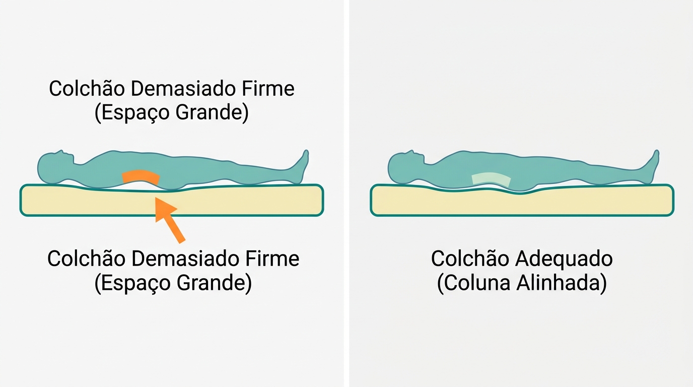 Diagrama técnico em vista lateral (16:9 landscape) mostrando uma silhueta humana deitada de costas em #78C2B2 sobre um colchão em proporção 6:1 com contorno #008282 e preenchimento #F2E8B8. Na região lombar, uma seta a apontar para o espaço entre a coluna e o colchão destacada em #FF8A30. Do lado esquerdo, uma configuração com espaço grande (colchão demasiado firme), zona lombar destacada com área laranja. Do lado direito, configuração com coluna alinhada e espaço mínimo (colchão adequado), zona lombar destacada em #CCE3D4. Fundo #F9F9F9.