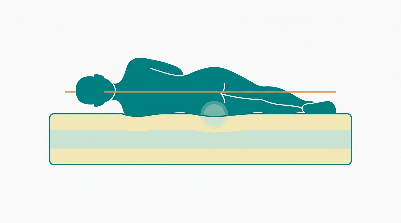 Flat vector side-view diagram showing a faceless genderless silhouette in #008282 lying on their side on a mattress rectangle. A thin straight horizontal guide line in #FF8A30 runs from head to hip to show spinal alignment. The mattress is drawn as a clean rectangle with 3 layers in #F2E8B8 and #CCE3D4, outlined in #008282. Background #F9F9F9, generous whitespace. The hip contact zone has a soft #CCE3D4 fill to indicate correct pressure distribution. No text, no labels, no bedroom elements.