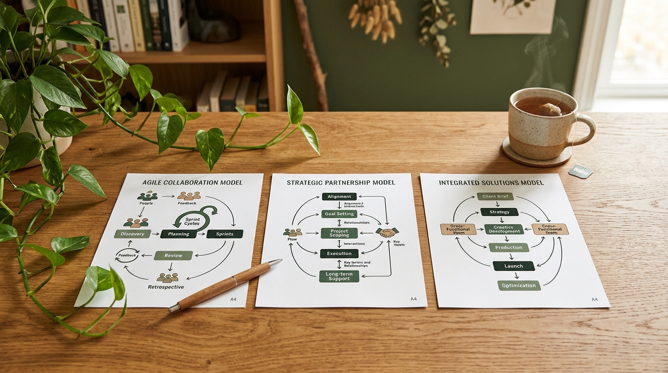Three printed workflow diagrams laid side by side on a light wooden desk with a pen, a cup of tea, and a trailing green plant, representing a comparison of agency models
