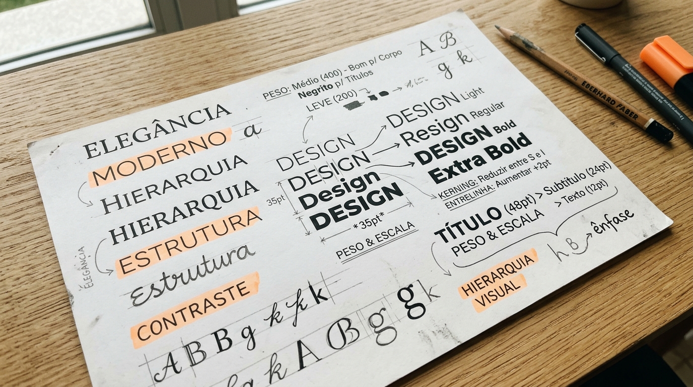 Fotografia aproximada de uma folha de papel sobre uma mesa de design, mostrando vários estudos tipográficos escritos à mão e impressos, com anotações sobre peso de fonte, espaçamento e hierarquia visual. Algumas palavras destacadas com marcador cor-de-laranja suave. Fundo de madeira clara, luz natural.