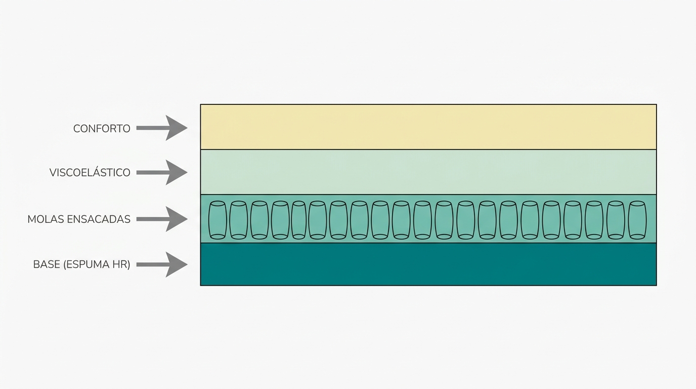 Diagrama de secção transversal de colchão de casal mostrando 4 camadas distintas de materiais. Camada superior (conforto) em #F2E8B8, segunda camada (viscoelástico) em #CCE3D4, terceira camada (molas ensacadas representadas como formas ovais) em #78C2B2, base (espuma HR) em #008282. Proporção do retângulo 6:1 largura/altura. Setas laterais minimalistas em #7A7A7A a indicar cada camada. Fundo #F9F9F9, composição centrada 16:9.