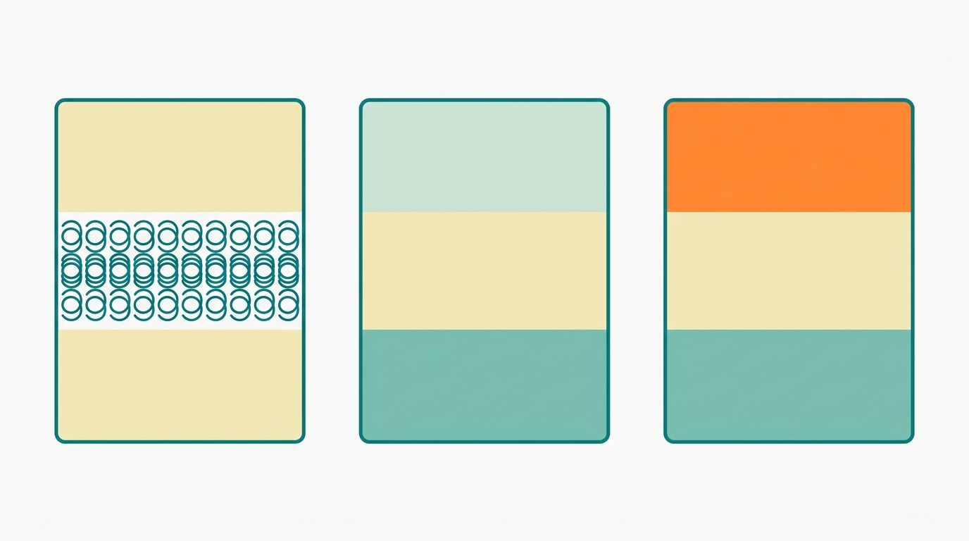 Flat vector diagram in landscape 16:9 showing three mattress cross-sections side by side, each drawn as a rectangle with 6:1 width-to-height ratio. Left mattress (molas ensacadas): three visible layers with small circular spring-coil shapes in the middle layer in #008282, top and bottom layers in #F2E8B8, overall outline in #008282. Center mattress (espuma HR): three horizontal layers all filled in solid colors: top #CCE3D4, middle #F2E8B8, bottom #78C2B2, outline in #008282. Right mattress (viscoelástico): top layer filled in #FF8A30 (indicating pressure-relief zone), middle #F2E8B8, bottom #78C2B2, outline in #008282. Background #F9F9F9. Generous whitespace between mattresses. No text, no labels.