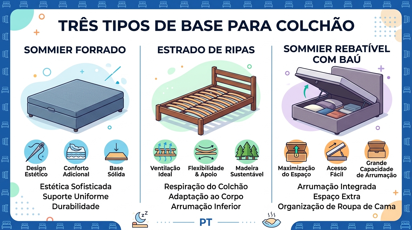 Ilustração ou infografia com três tipos de base para colchão: sommier forrado, estrado de ripas e sommier rebatível com baú, apresentados lado a lado com ícones representativos de cada característica