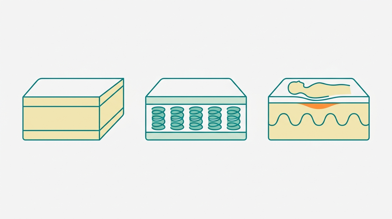 Flat vector diagram showing three mattress cross-section rectangles side by side in landscape 16:9. First mattress showing solid foam layers in #F2E8B8 outlined in #008282. Second mattress showing coiled spring icons in #78C2B2 between two thin comfort layers in #CCE3D4. Third mattress showing a wavy slow-response layer in #F2E8B8 with a subtle pressure zone in #FF8A30 under a stylized body contact area. Background #F9F9F9, all outlines in #008282, generous whitespace between each mattress. No text, no labels.