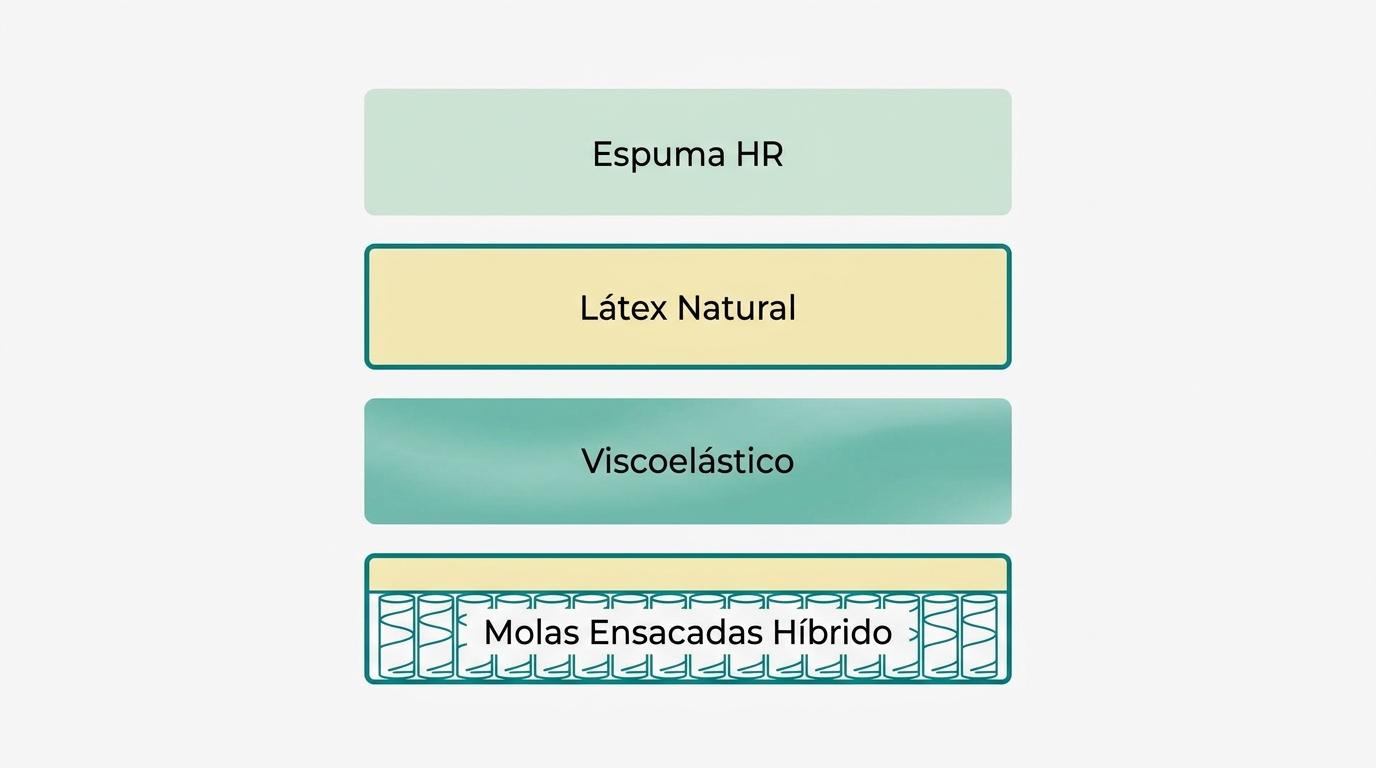 Quatro retângulos horizontais empilhados verticalmente, cada um representando um tipo de material: Espuma HR (preenchido em #CCE3D4), Látex Natural (preenchido em #F2E8B8 com bordas #008282), Viscoelástico (gradiente suave em #78C2B2), Molas Ensacadas Híbrido (mostrando molas esquemáticas em #008282 com camada superior em #F2E8B8). Composição centrada, fundo #F9F9F9.