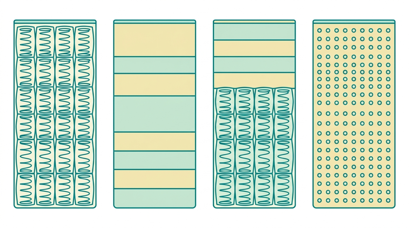 Flat vector diagram showing four side-view mattress cross-sections in a row, each labeled by core type with distinct fill patterns: coil springs in teal outlines for pocket springs, solid foam layers in cream and mint, hybrid combination, and latex block. All outlines in #008282, fills alternating #F2E8B8 and #CCE3D4, no text, 16:9 landscape