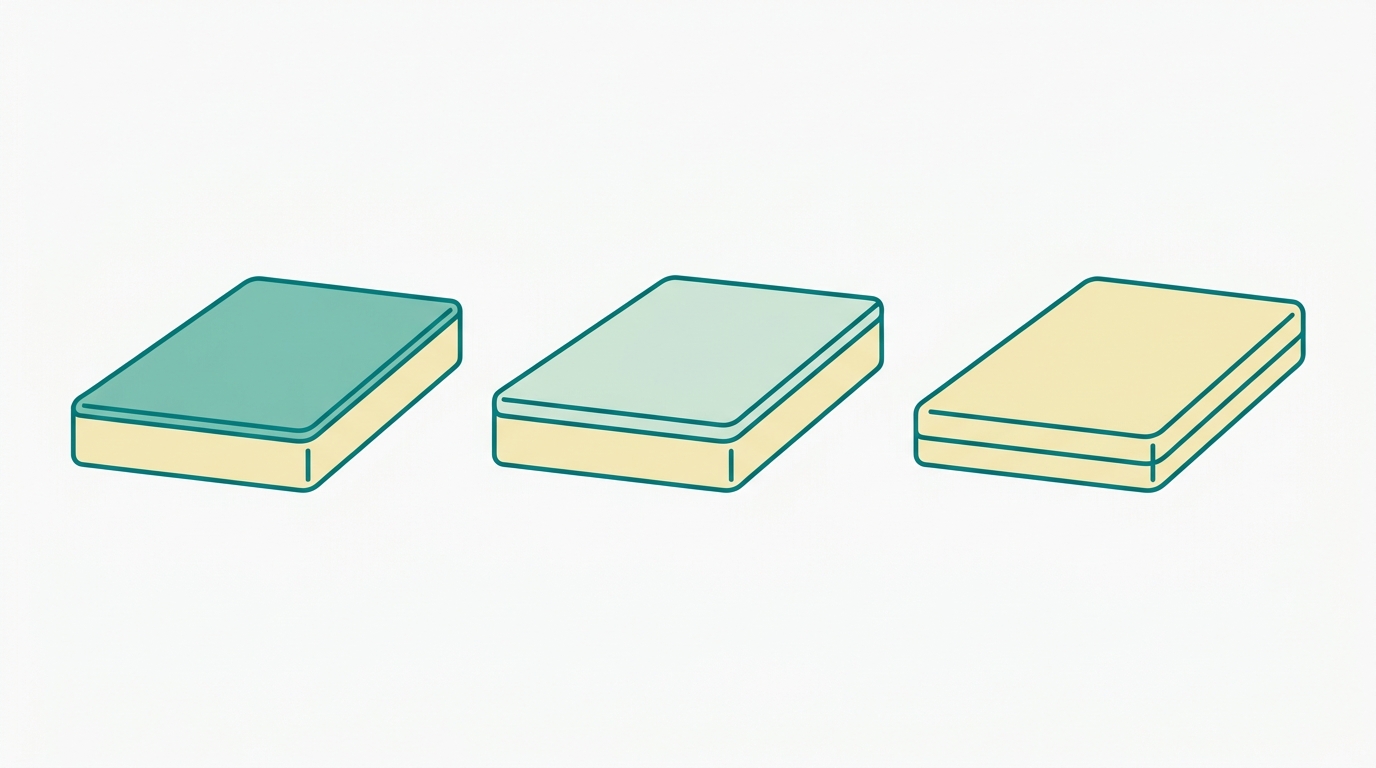 Flat vector diagram in landscape 16:9 showing three simplified mattress rectangles (6:1 ratio, #F2E8B8 fill, #008282 outline) side by side, each with a different cover layer on top: first with a thin flat layer in #78C2B2 (standard fitted cover), second with a slightly thicker padded layer in #CCE3D4 (padded protector), third with a full wrap-around cover in #008282 outline (integral zip cover). Background #F9F9F9, generous whitespace, no text, no decorative elements.