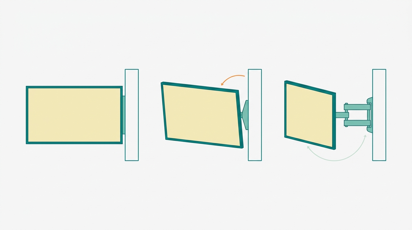 Flat vector diagram in landscape 16:9 on #F9F9F9 background showing three wall-mounted TV rectangles (outlined in #008282, filled in #F2E8B8) side by side in orthographic front/side view: leftmost TV flush against wall with a simple flat bracket in #78C2B2 (fixed mount), center TV slightly tilted downward with a tilt bracket arm in #78C2B2 and a small #FF8A30 arc showing the tilt range, rightmost TV extended outward from wall on an articulated arm in #78C2B2 with a #CCE3D4 arc showing the rotation range. Each bracket attaches to a simple wall rectangle in #008282 outline. Background #F9F9F9, no text, no labels, generous whitespace between the three examples.