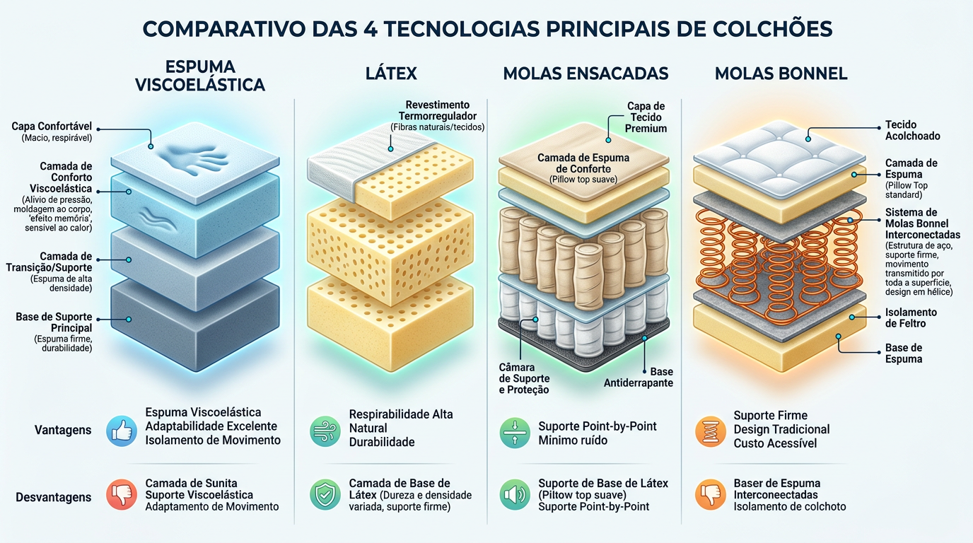 Infográfico comparativo com cortes transversais das quatro tecnologias principais de colchões: espuma viscoelástica, látex, molas ensacadas e molas Bonnel, com legendas explicativas em cada camada